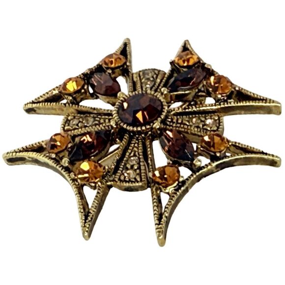 VTG Austrian Crystal Maltese Cross Brooch 1.5" Pin Gold Tone Cottagecore - Picture 4 of 11